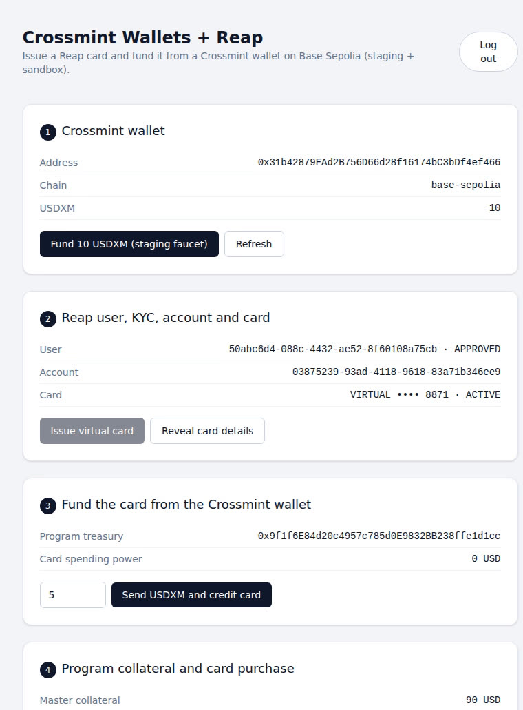 Demo app showing a Reap user with APPROVED status, an ACTIVE account, and an ACTIVE virtual card ending in 8871