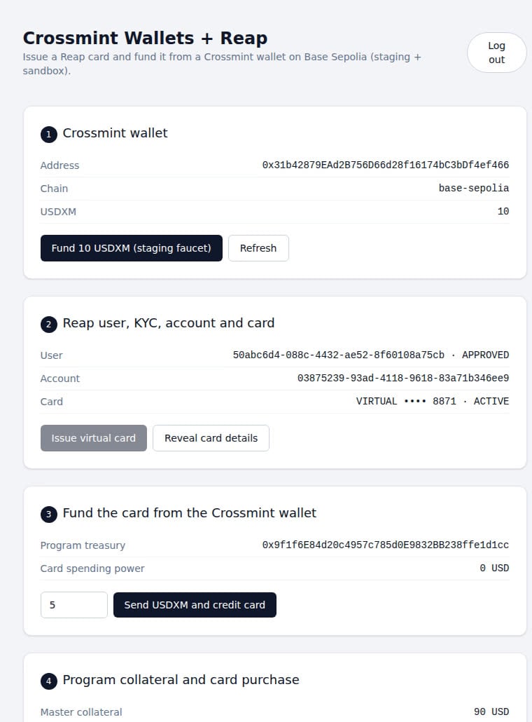 Demo app showing a Reap user with APPROVED status, an ACTIVE account, and an ACTIVE virtual card ending in 8871