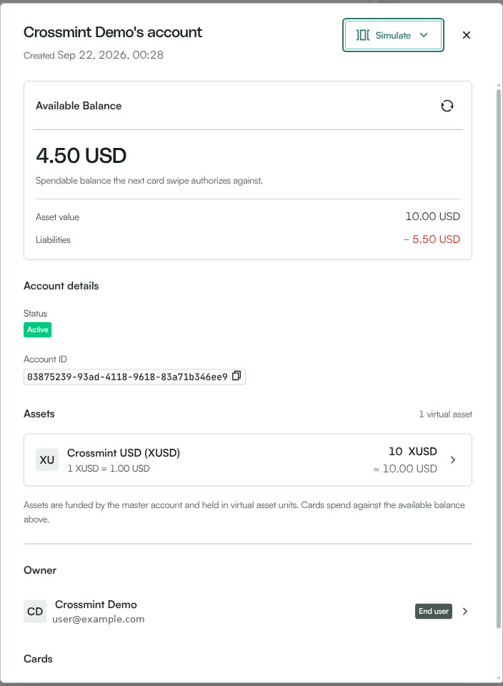 Reap platform account drawer showing 4.50 USD available balance, 10 XUSD asset value, 5.50 USD liabilities, and the master account balance behind it