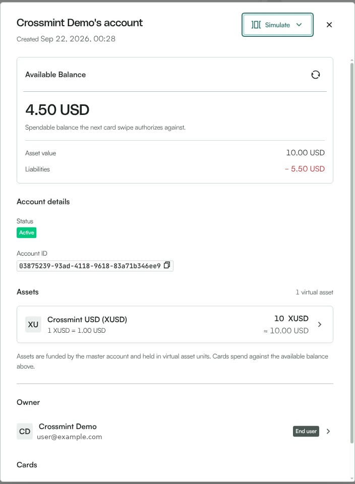 Reap platform account drawer showing 4.50 USD available balance, 10 XUSD asset value, 5.50 USD liabilities, and the master account balance behind it