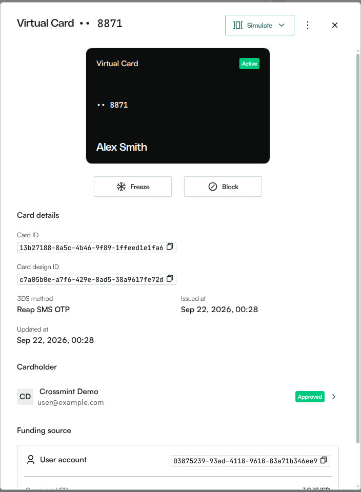 Reap platform card drawer showing an Active virtual card, card ID, cardholder, and the user account as funding source