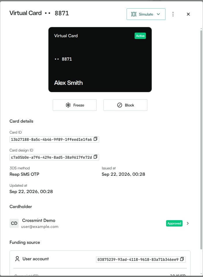 Reap platform card drawer showing an Active virtual card, card ID, cardholder, and the user account as funding source