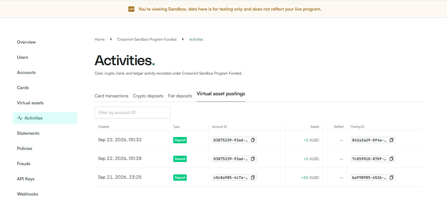 Reap platform Activities page listing Deposit postings of +5 XUSD to the user account