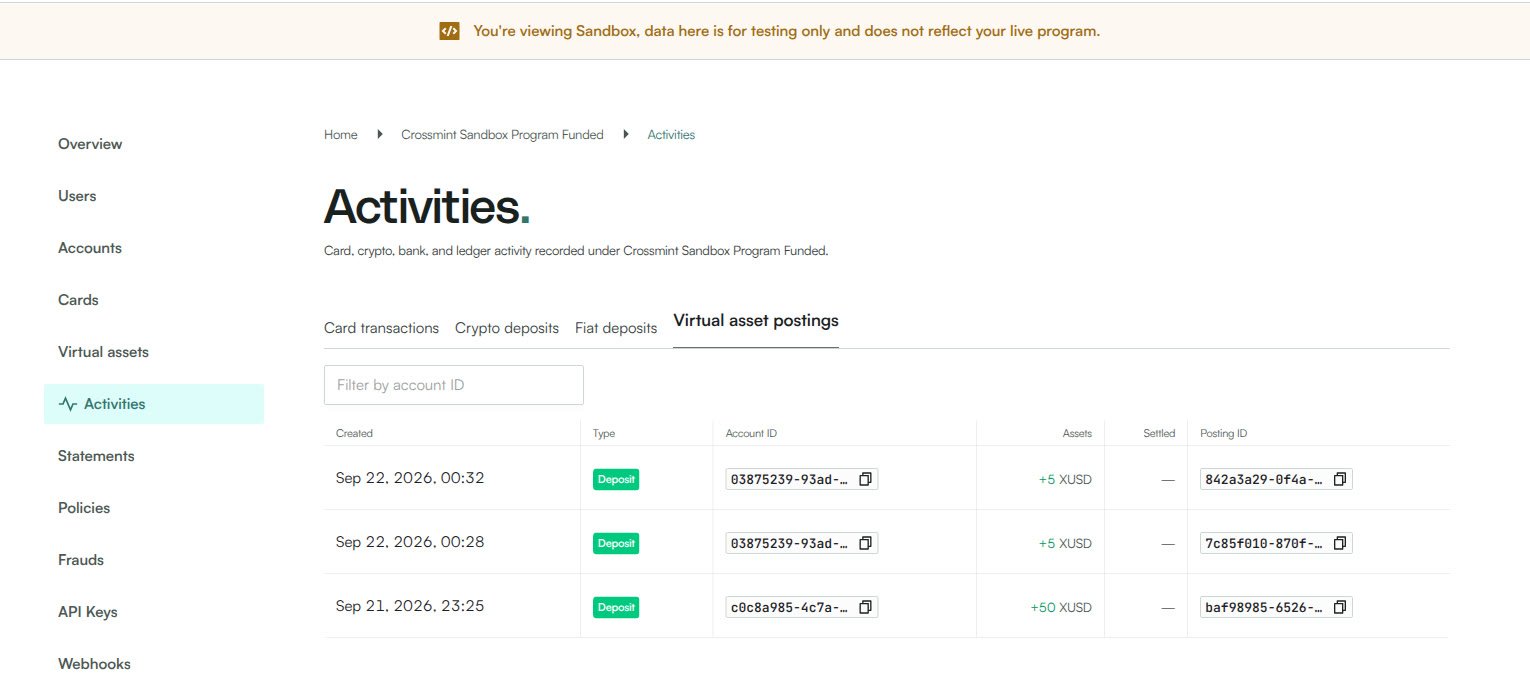 Reap platform Activities page listing Deposit postings of +5 XUSD to the user account