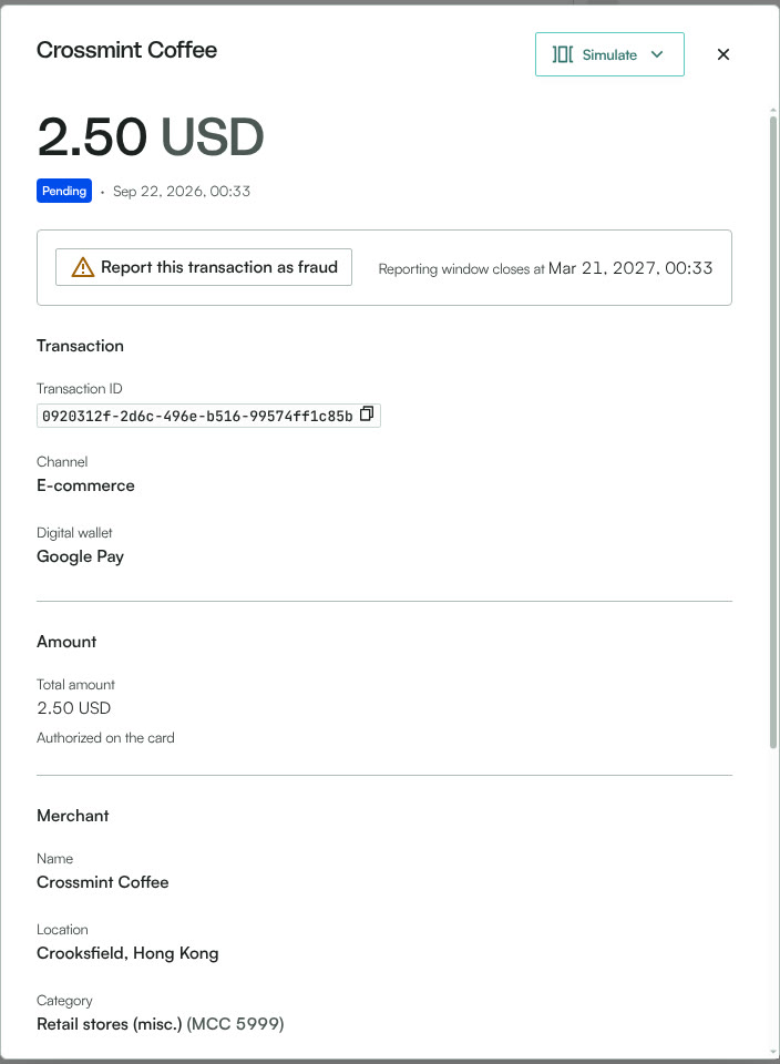 Reap platform transaction drawer showing a Pending 2.50 USD e-commerce authorization at Crossmint Coffee