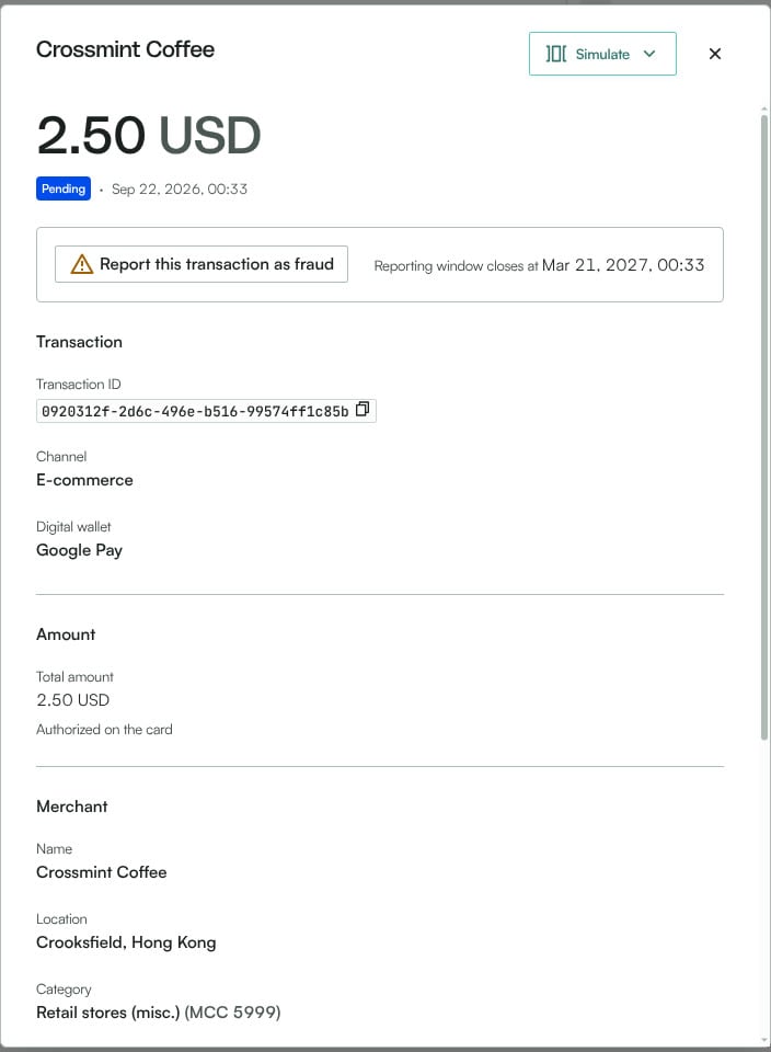 Reap platform transaction drawer showing a Pending 2.50 USD e-commerce authorization at Crossmint Coffee