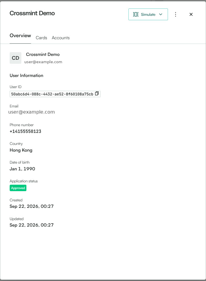 Reap platform user drawer showing the user ID, country, and an Approved application status