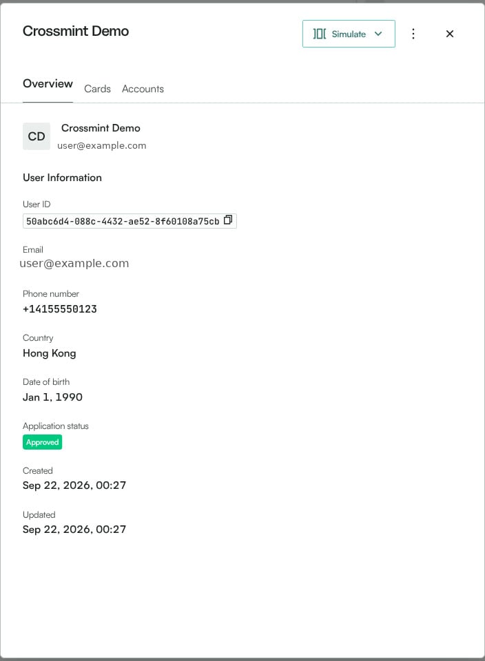 Reap platform user drawer showing the user ID, country, and an Approved application status
