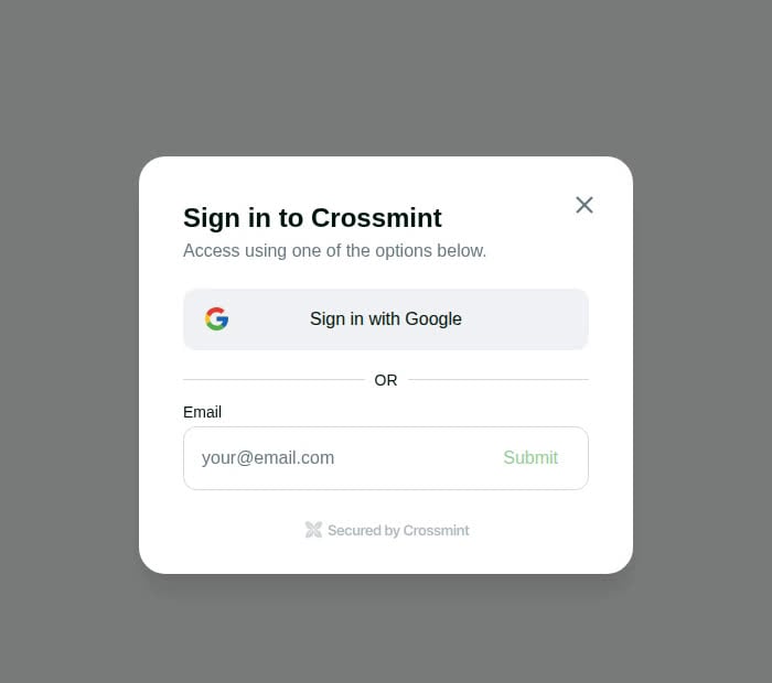 Crossmint sign-in modal with Google and email options