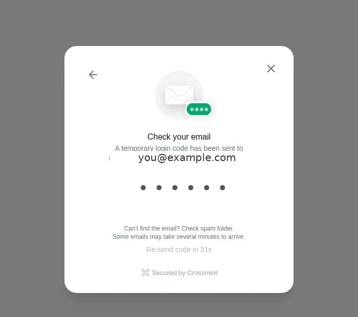 Crossmint one-time code screen after submitting an email