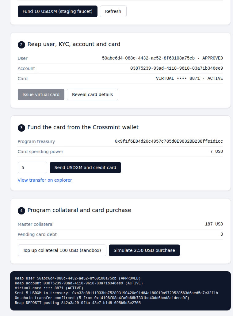 Demo app showing master collateral, a PENDING 2.50 USD purchase, and the event log