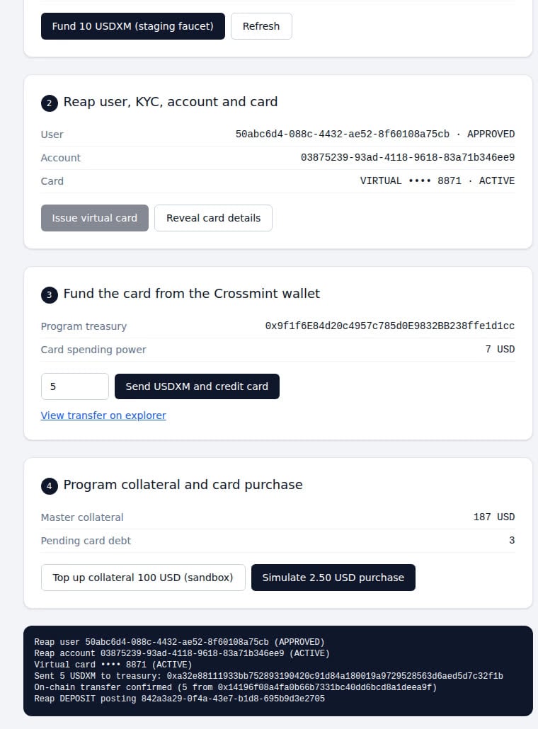 Demo app showing master collateral, a PENDING 2.50 USD purchase, and the event log