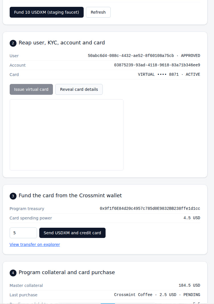 Demo app showing an approved Reap user, an active virtual card, wallet and Reap balances, and a pending purchase