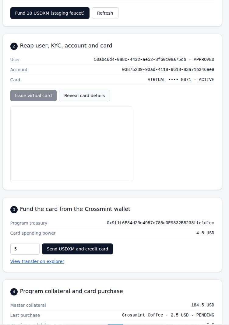 Demo app showing an approved Reap user, an active virtual card, wallet and Reap balances, and a pending purchase