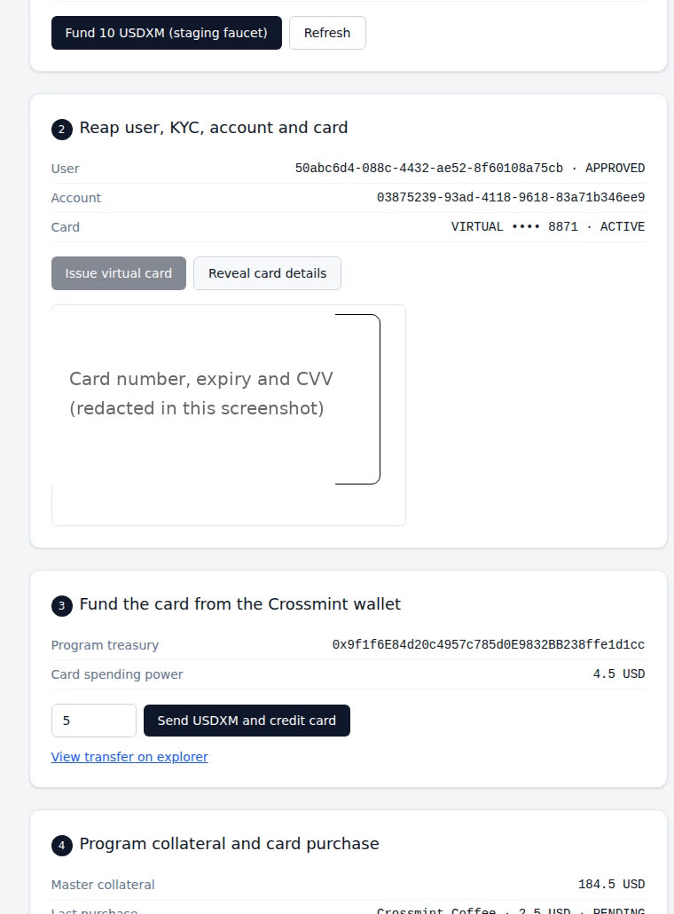 Demo app showing the Reap secure reveal iframe with card details redacted