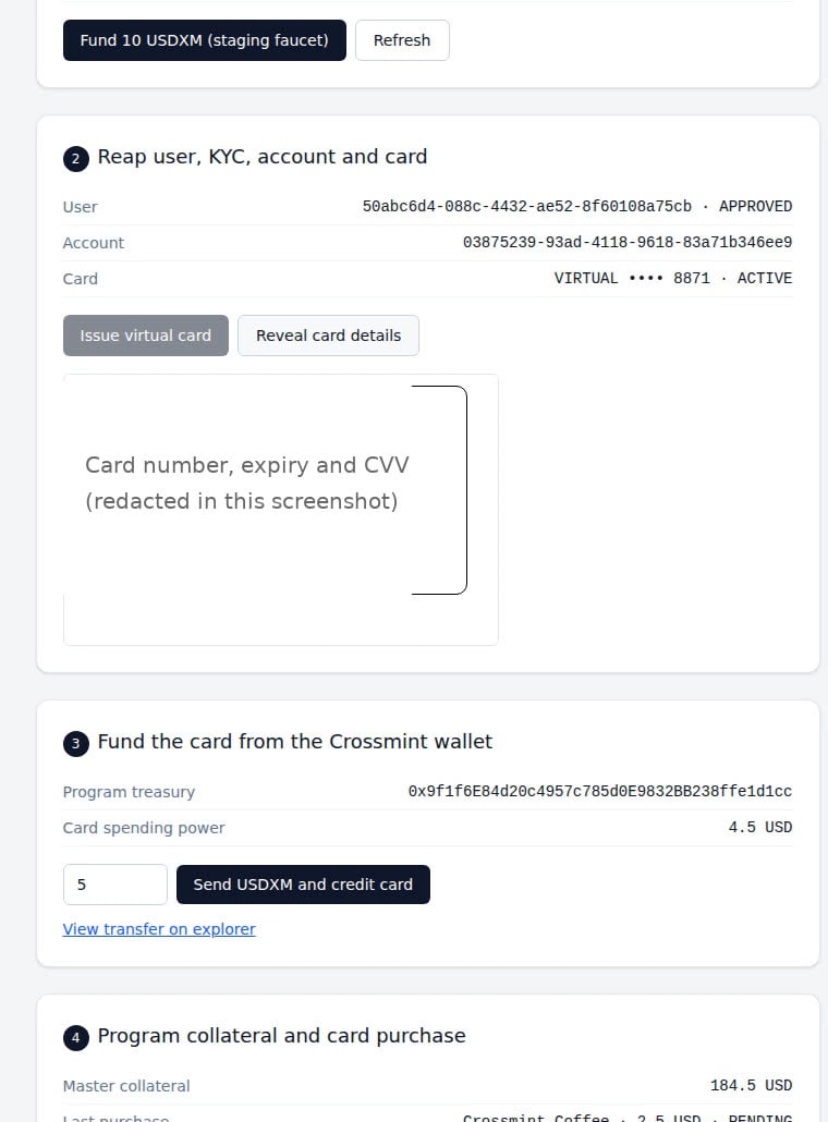 Demo app showing the Reap secure reveal iframe with card details redacted