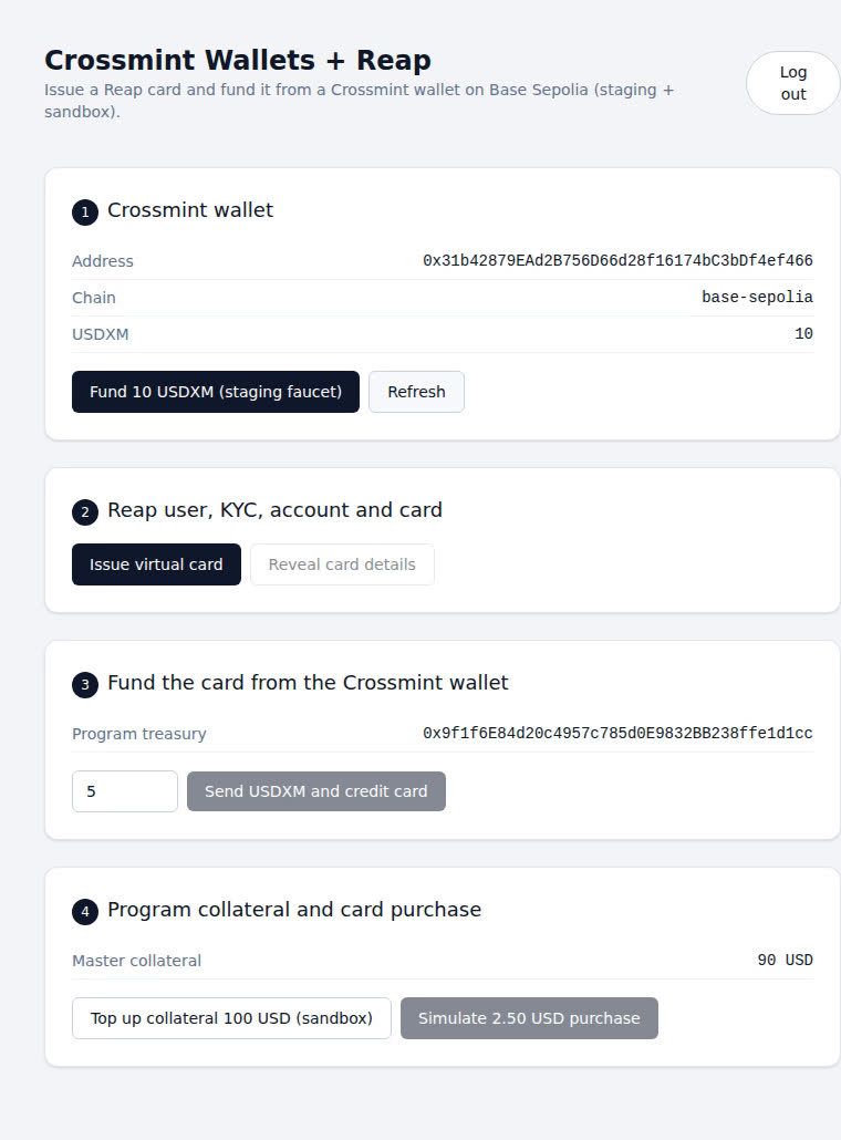 Demo app showing the Crossmint wallet address, base-sepolia chain, and a 10 USDXM balance after the staging faucet
