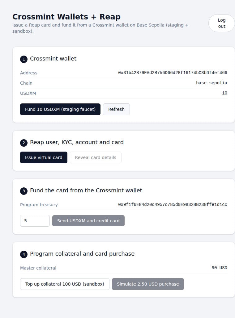 Demo app showing the Crossmint wallet address, base-sepolia chain, and a 10 USDXM balance after the staging faucet