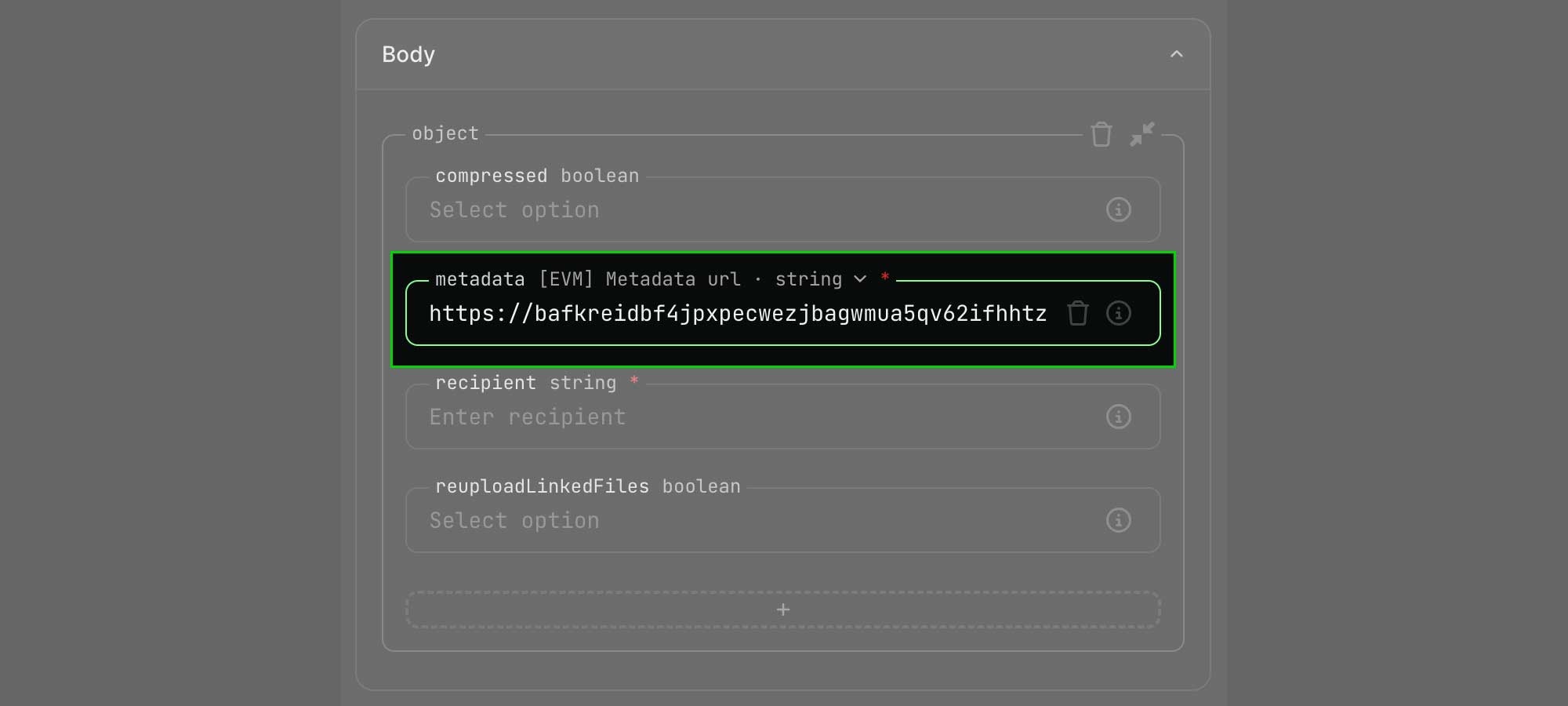 Enter metadata url screenshot with dark theme