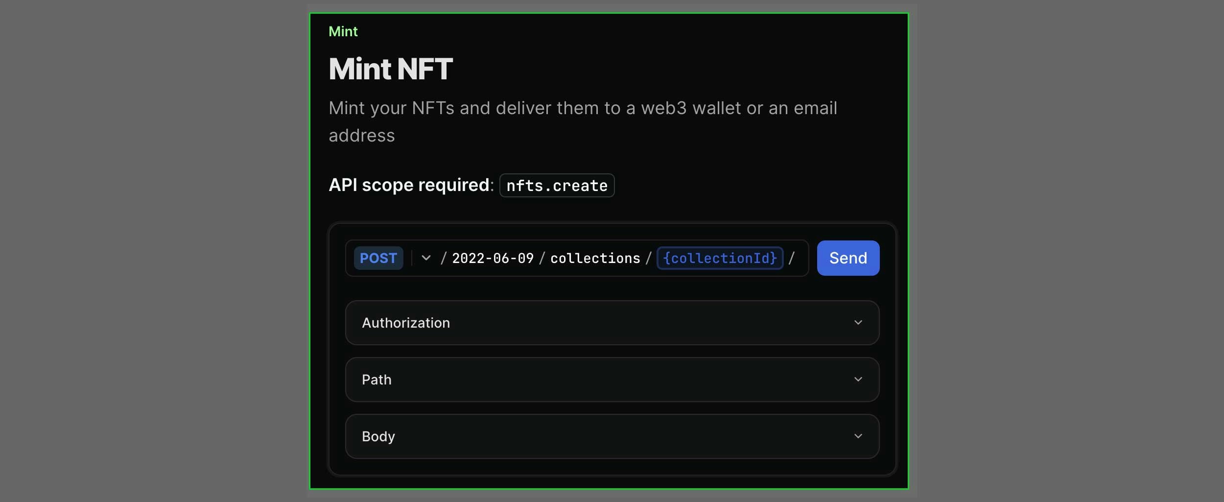 Mint NFT in api playground screenshot with light theme