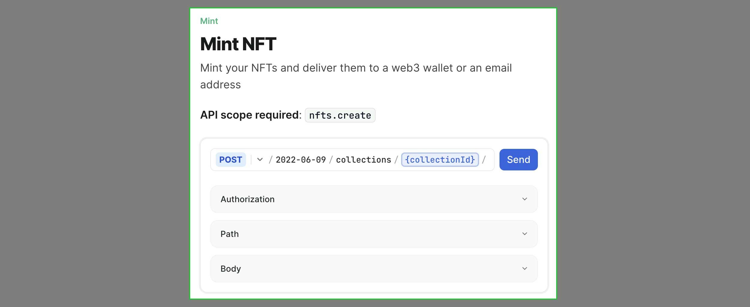 Mint NFT in api playground screenshot with light theme