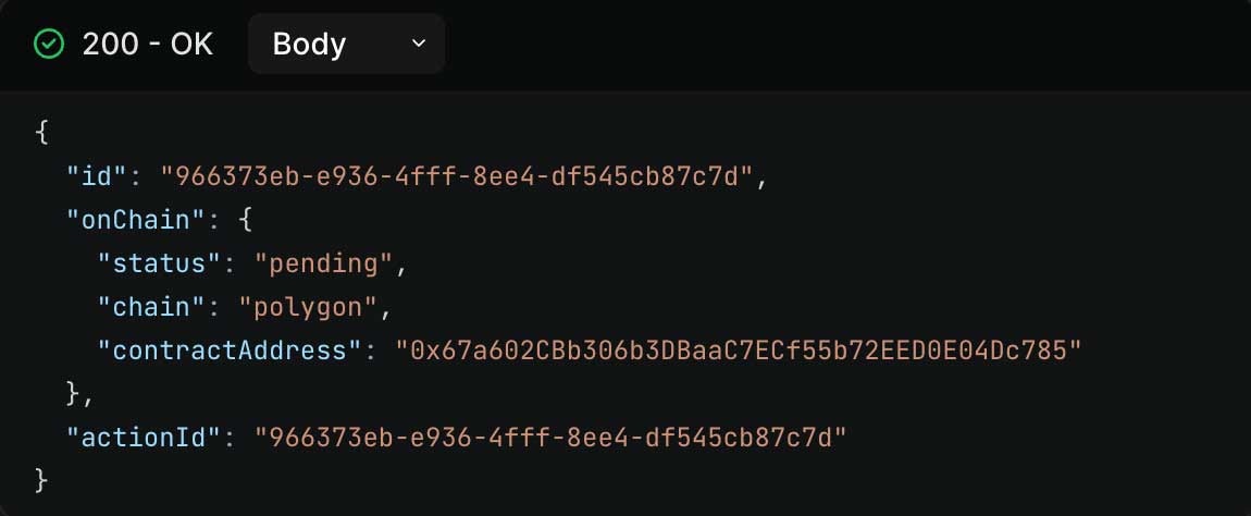 mint nft example response screenshot with dark theme