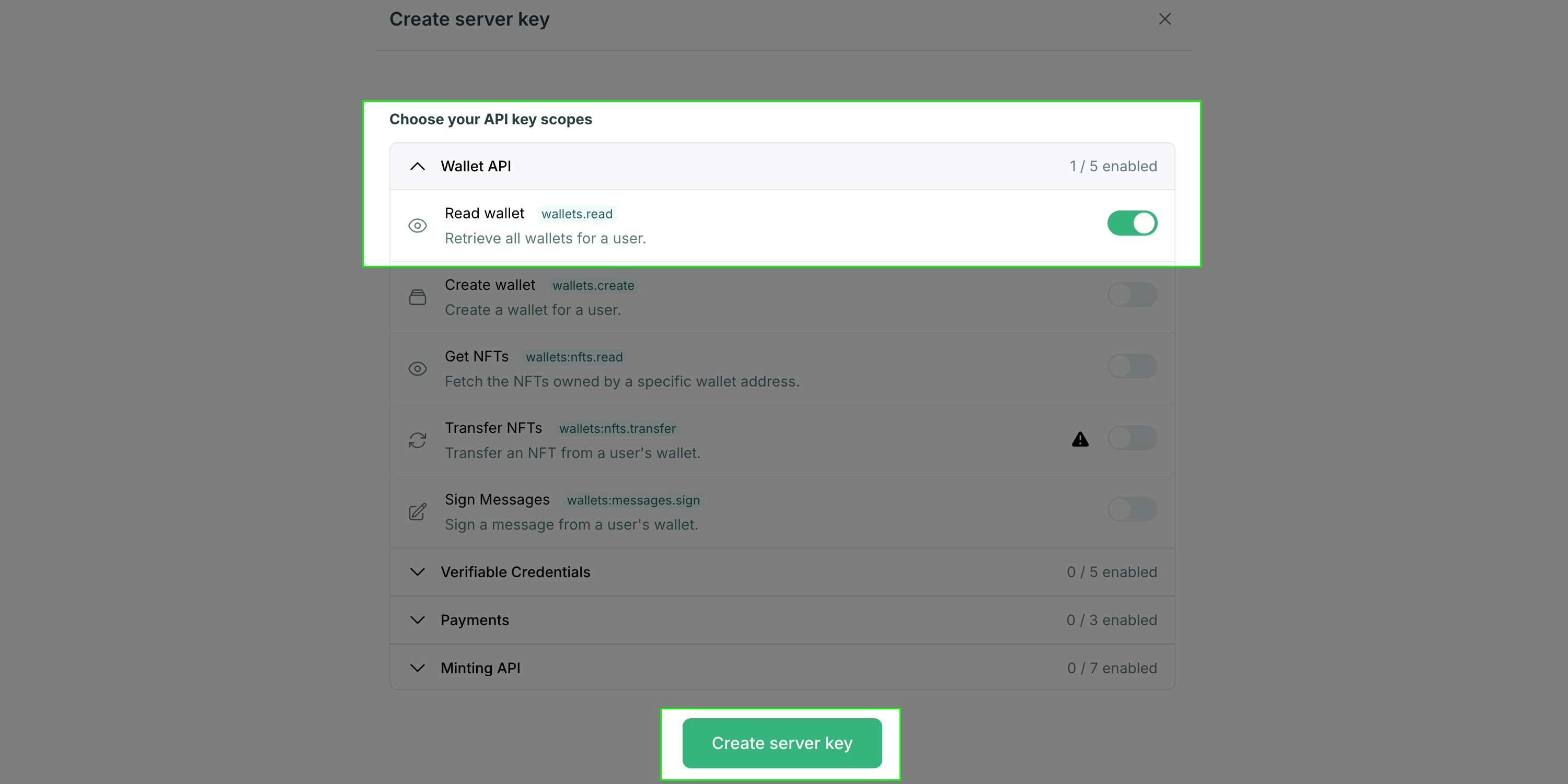 select server-side API scopes in Crossmint developer console