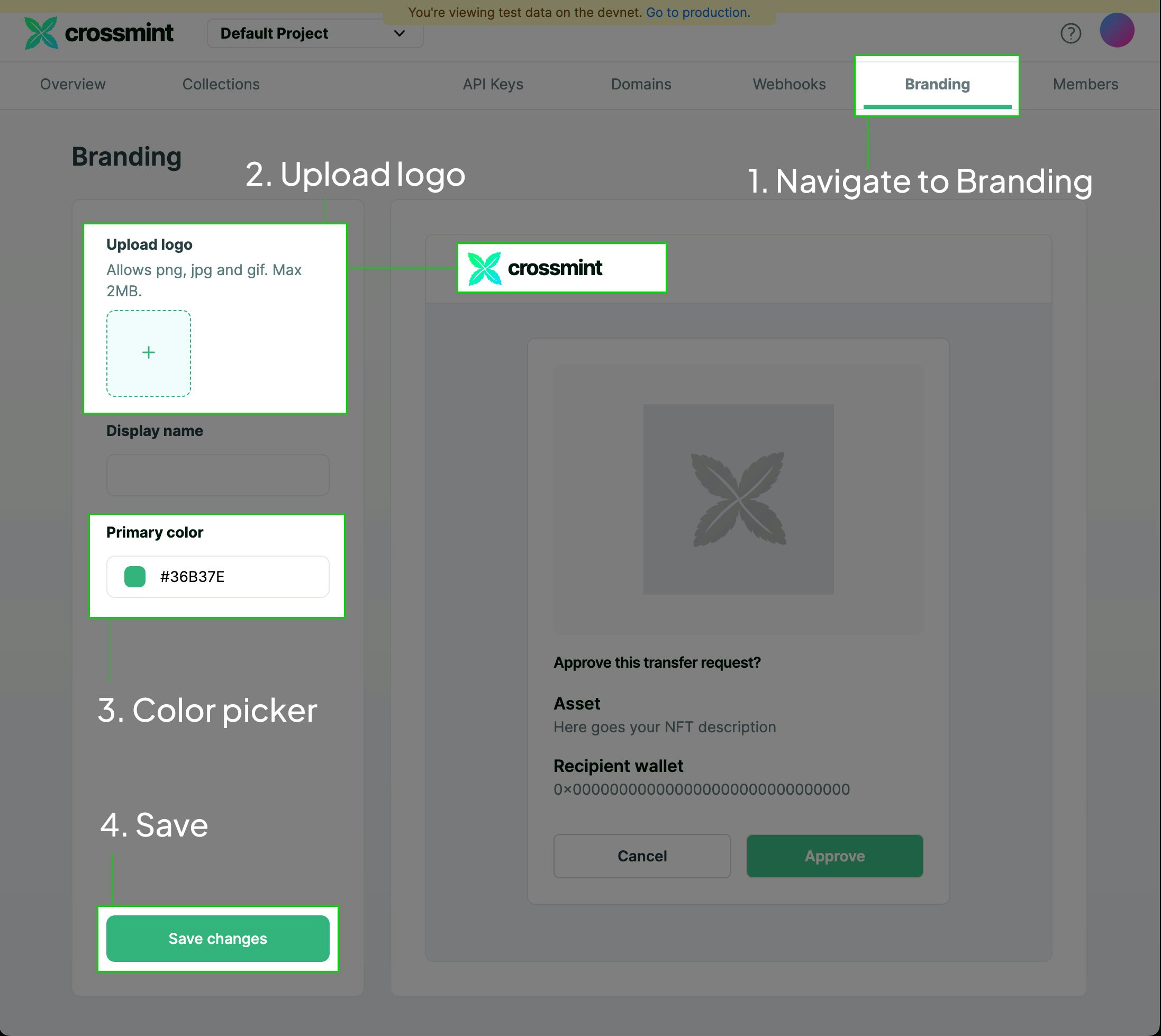 Crossmint developer console map for branding transfer API approval email