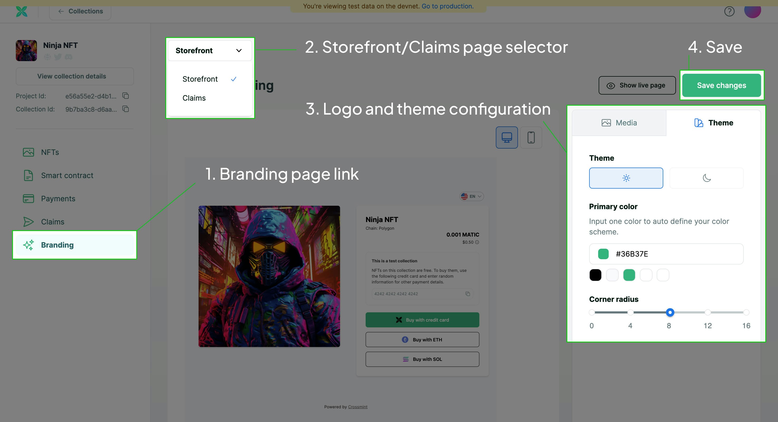 Crossmint developer console map for branding storefront and claims page