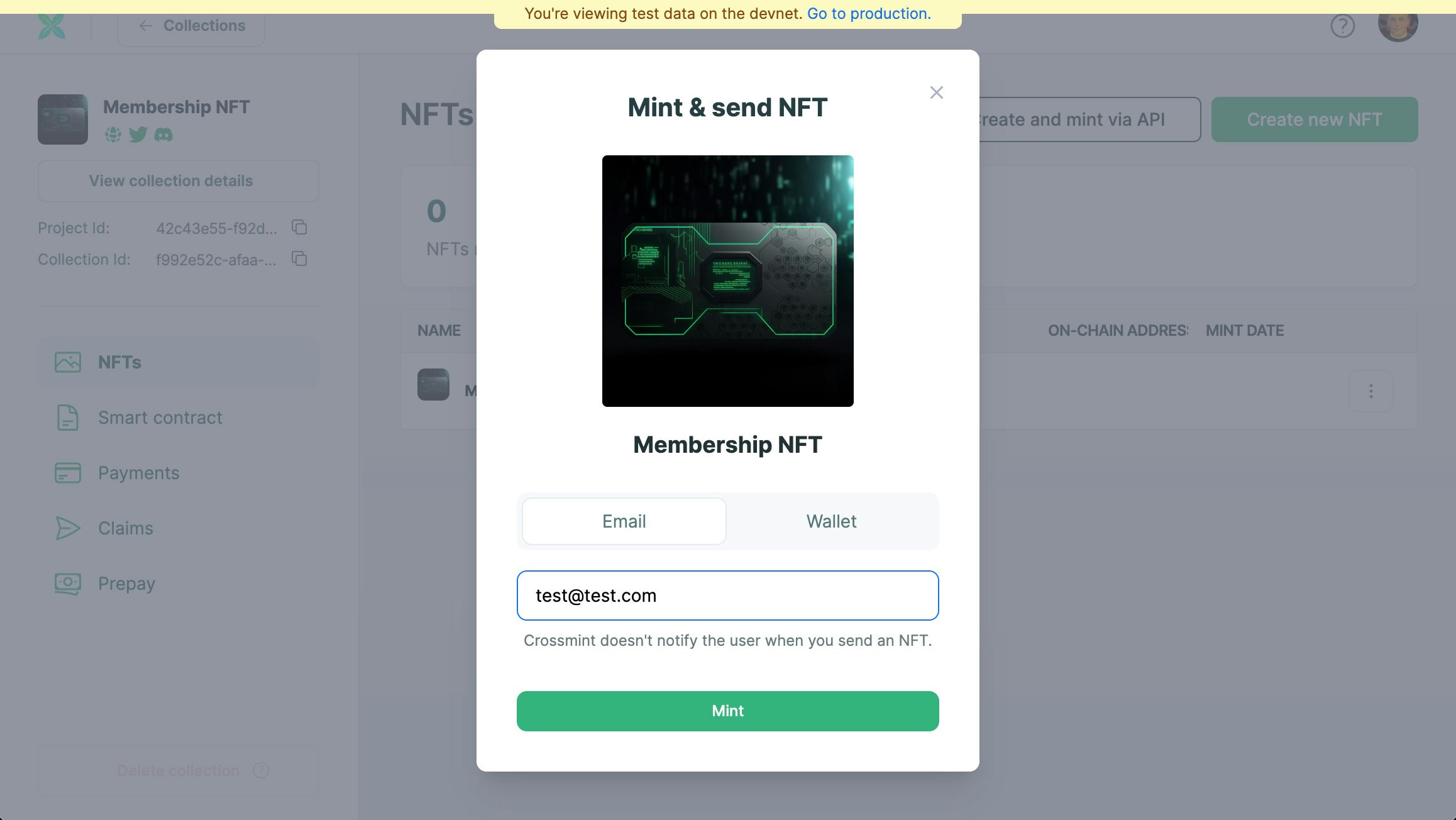 Enter an email and Send NFT screenshot