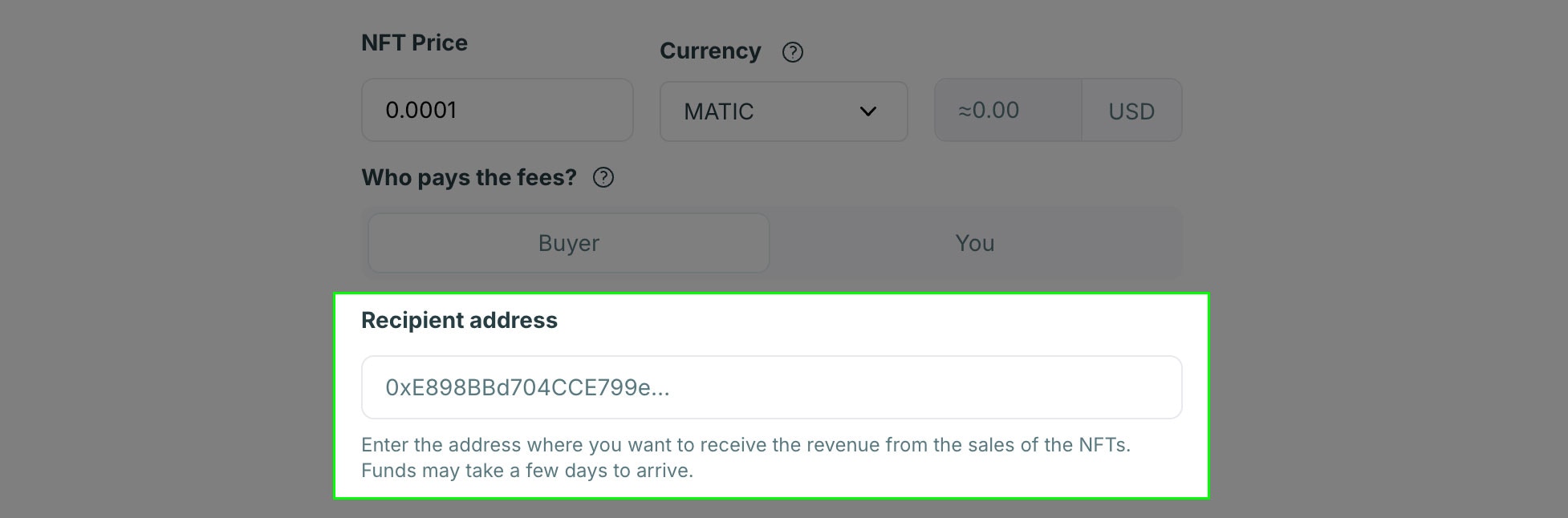 Crossmint collection payments settings screenshot