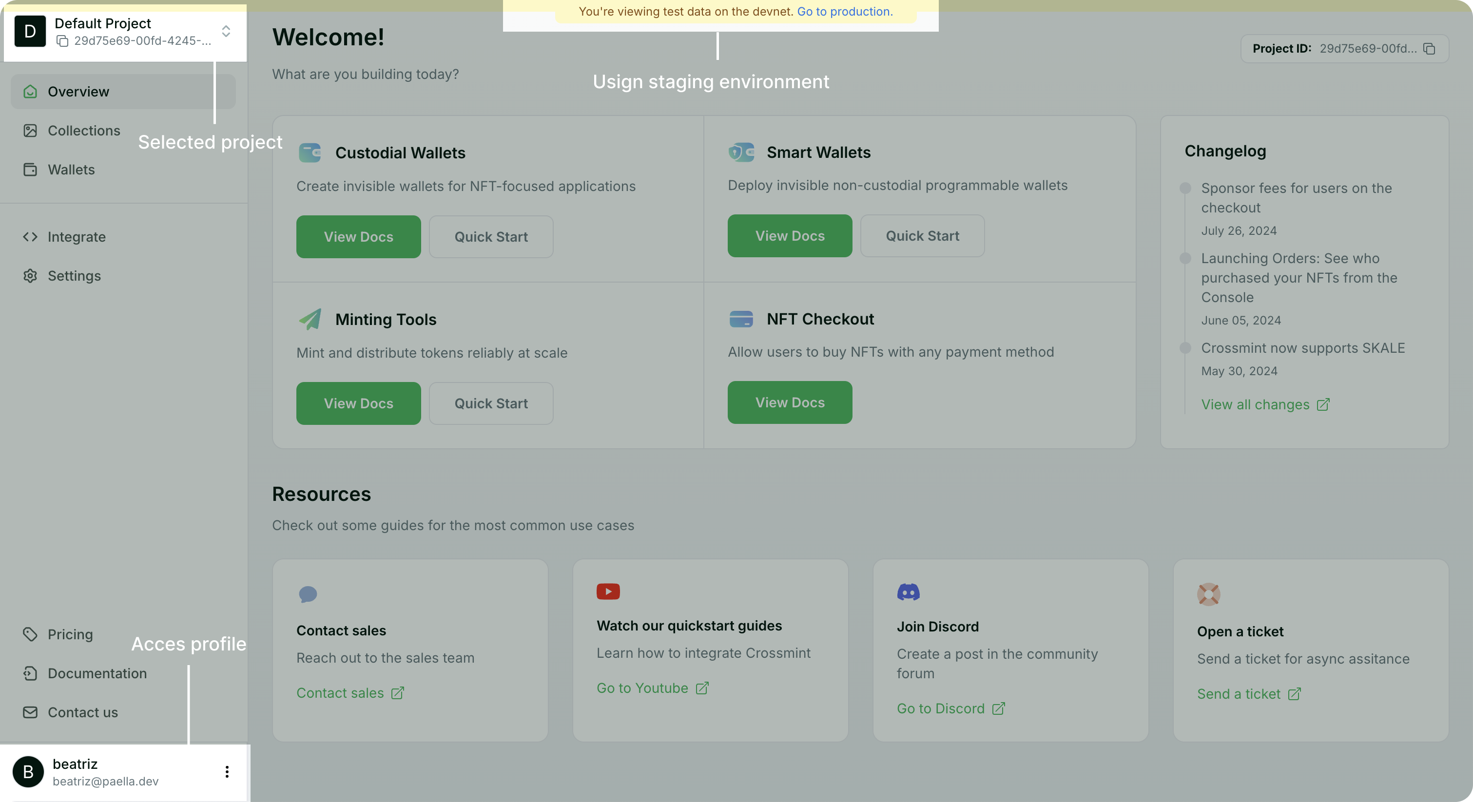 Crossmint developer console overview map