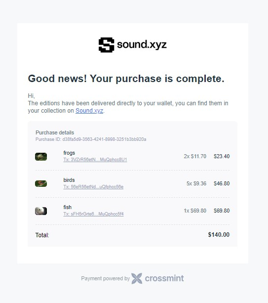 Crossmint customized purchase receipt