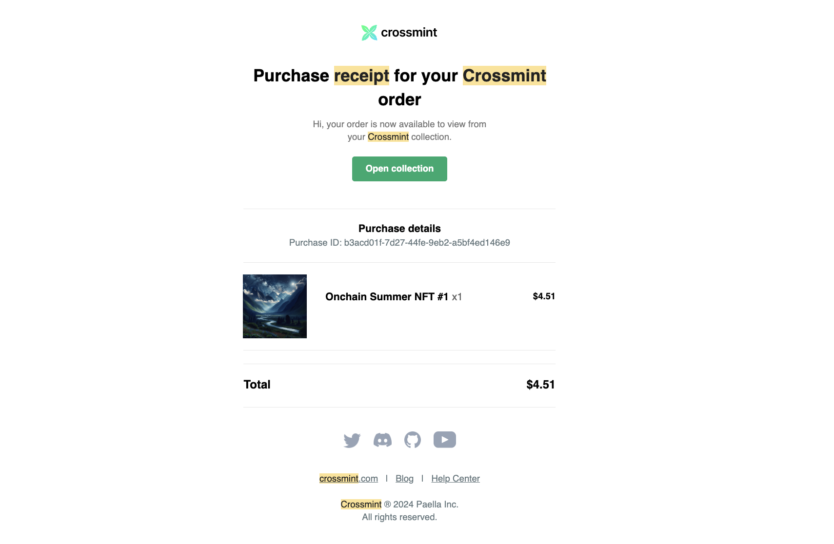 Crossmint default purchase receipt