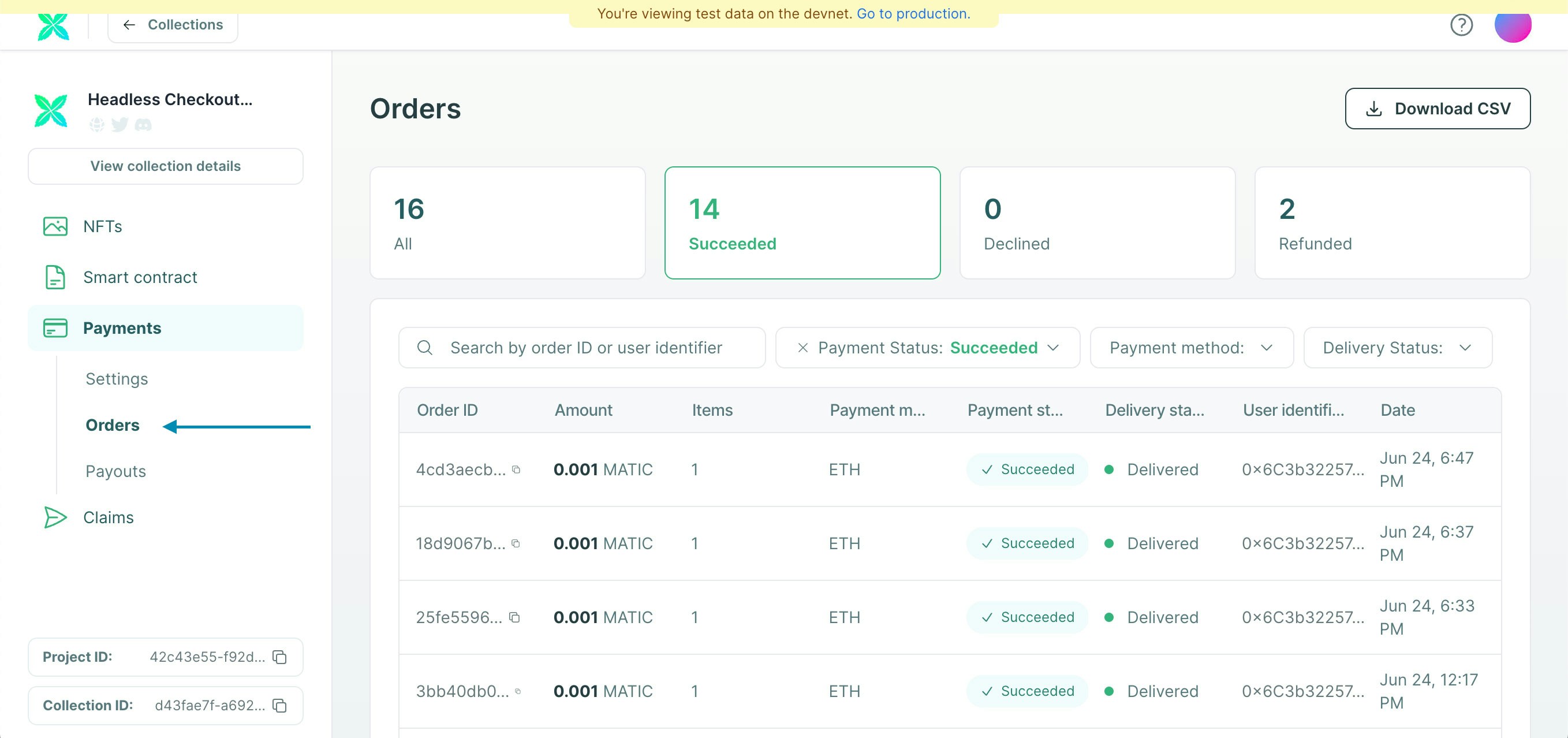 Orders view in developer console