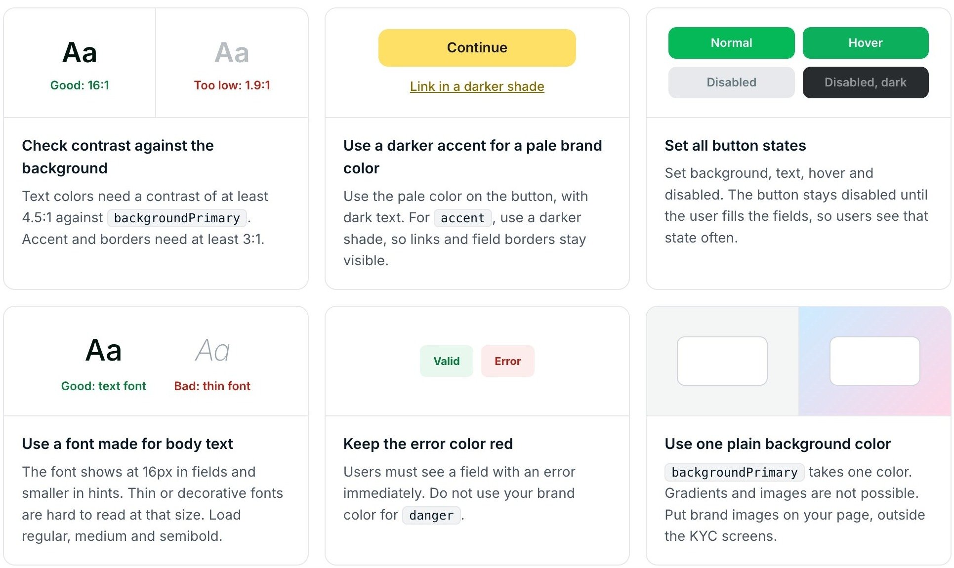 Six cards showing good and bad examples of contrast, accent shade, button states, body fonts, error color, and background