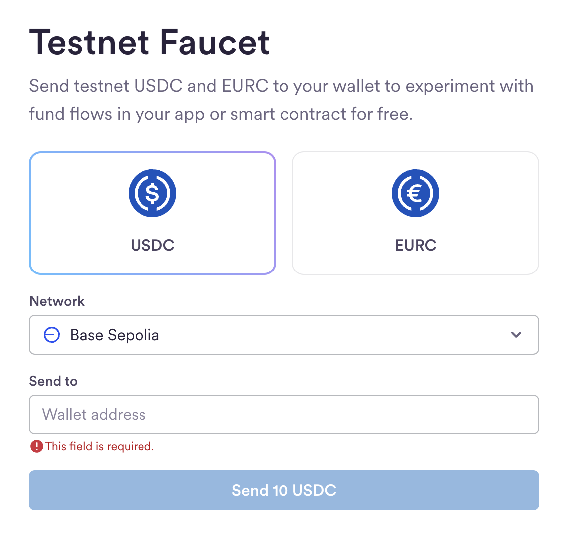 Circle faucet — Base Sepolia selected