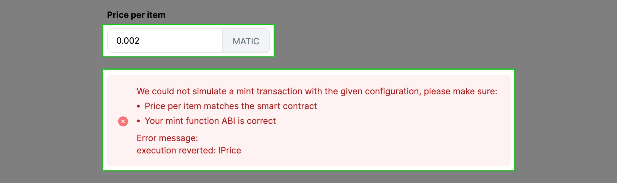 Failed mint simulation screenshot
