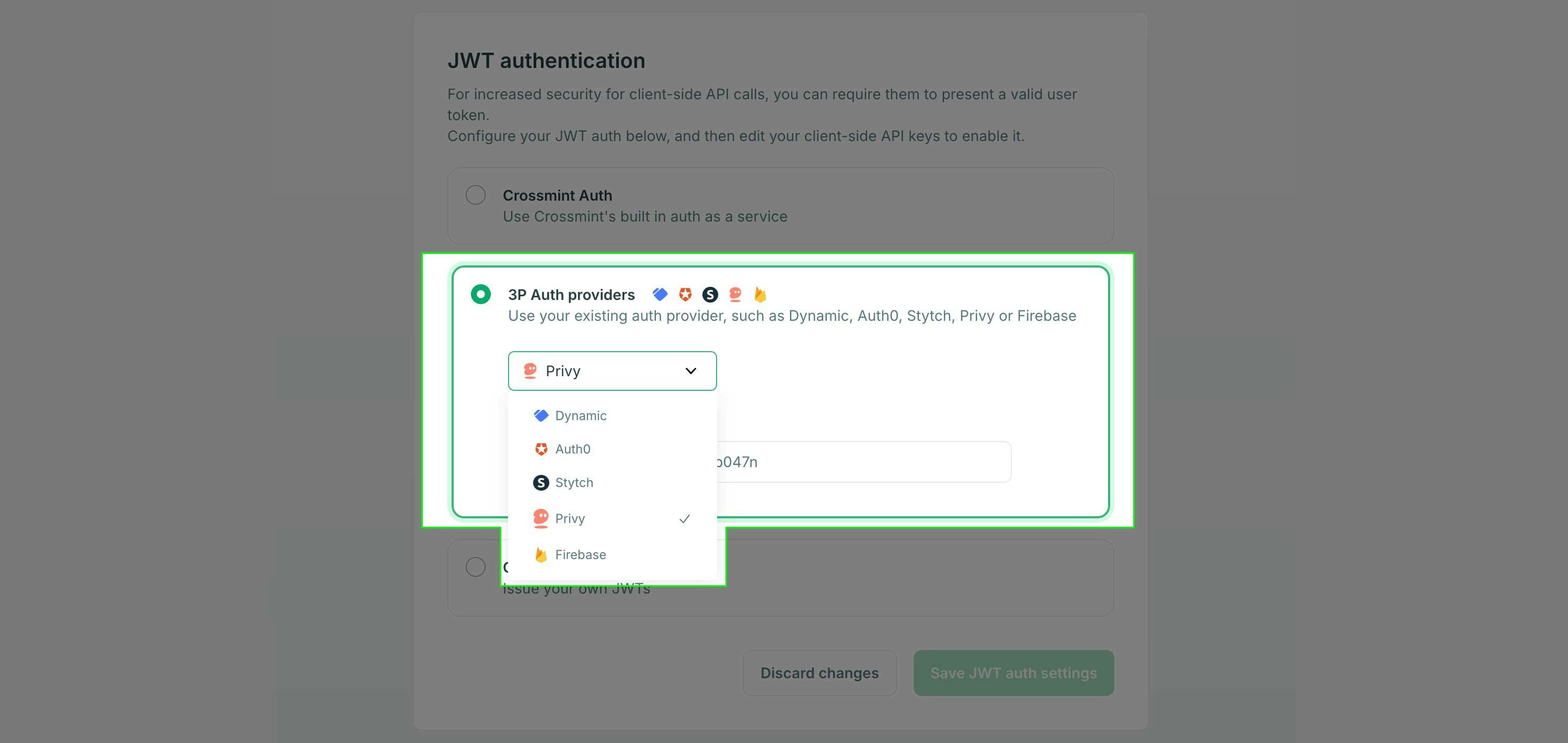 select third party Auth in Crossmint developer console
