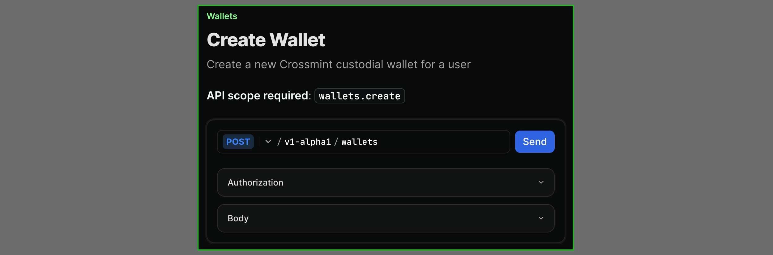 Navigate to create wallet endpoint screenshot with dark theme