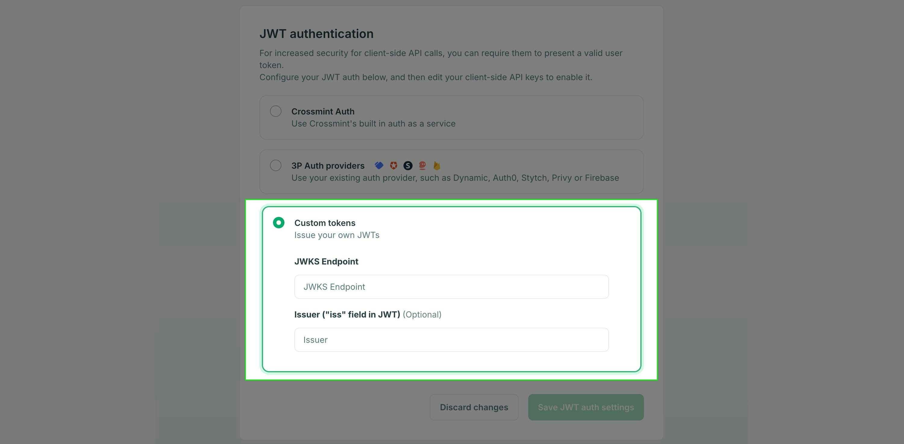 select third party Auth in Crossmint developer console