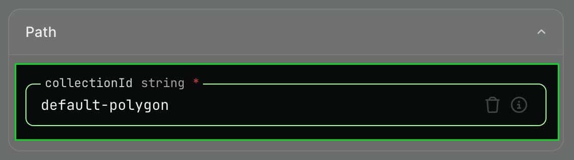 Enter collectionId screenshot with dark theme