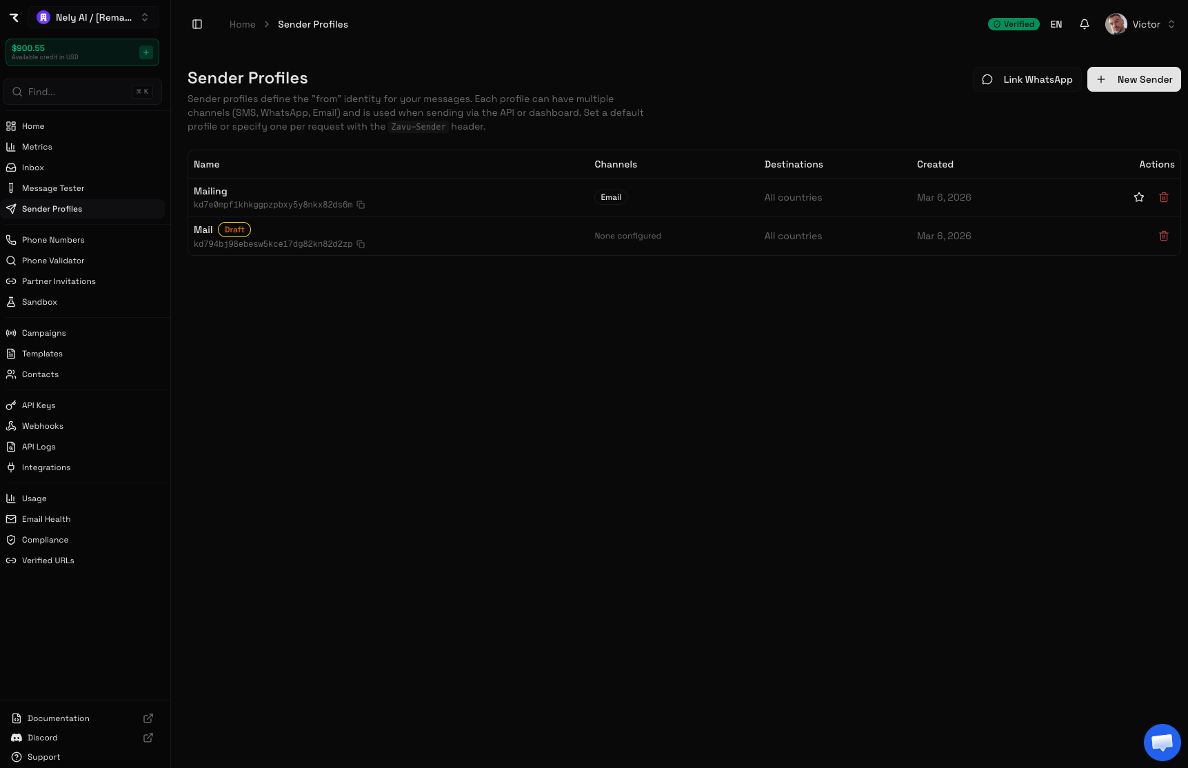 Sender profiles list