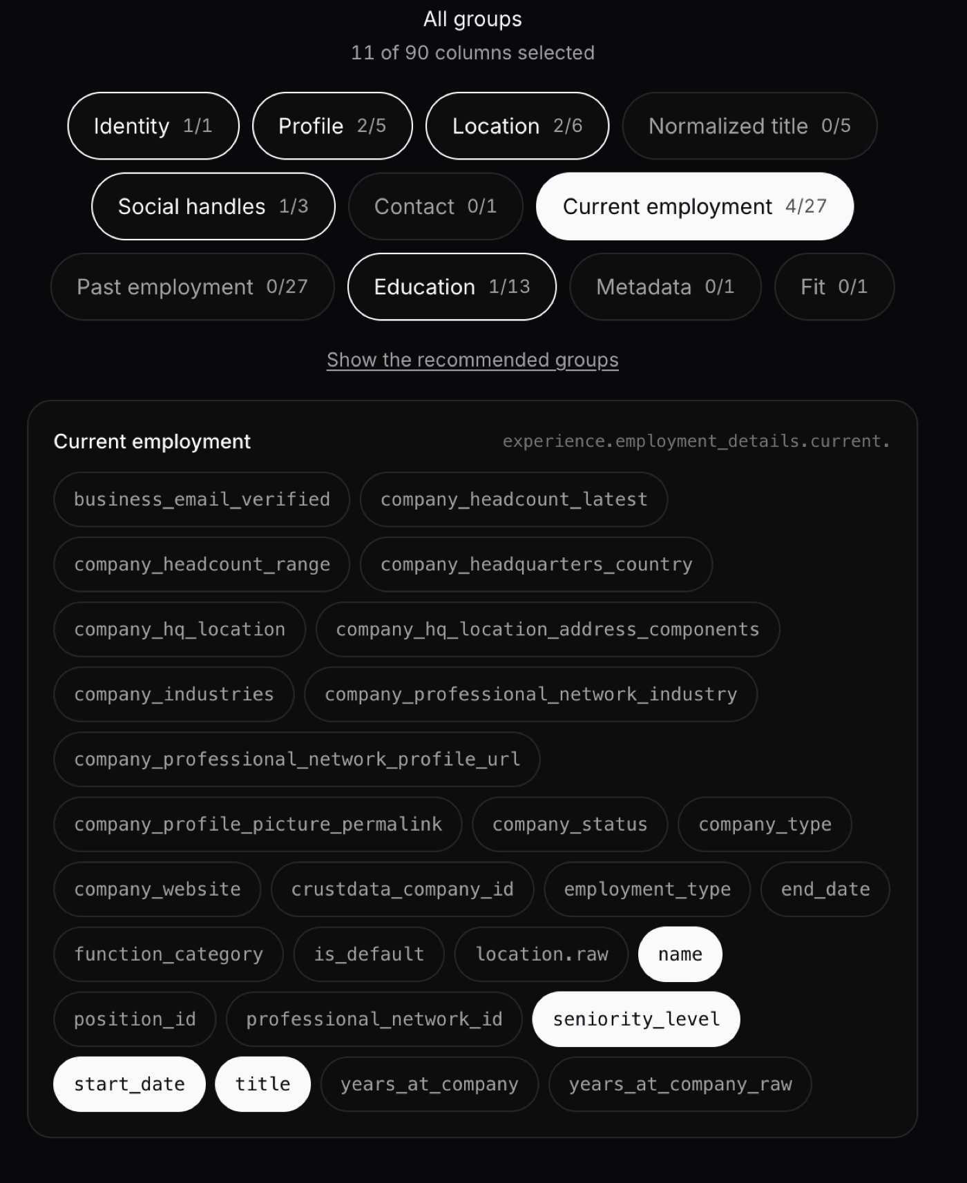 The column picker with the Current employment group open