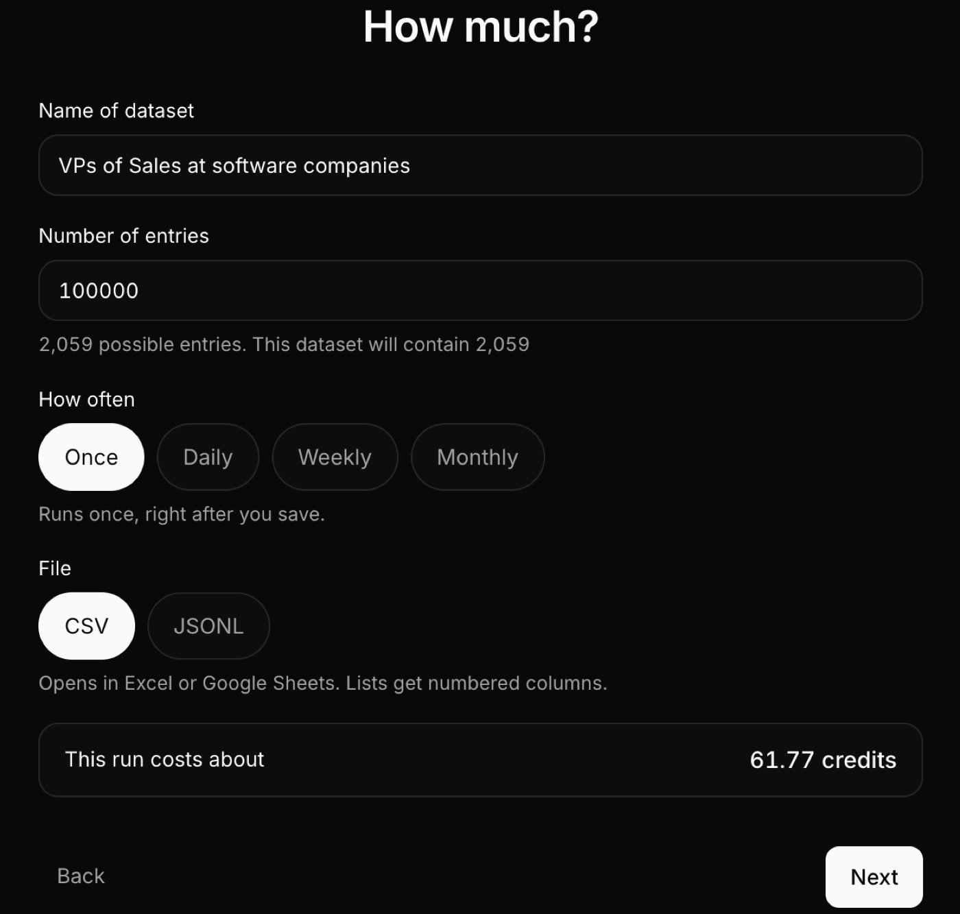 Name, number of entries, cadence, format, and the credit estimate