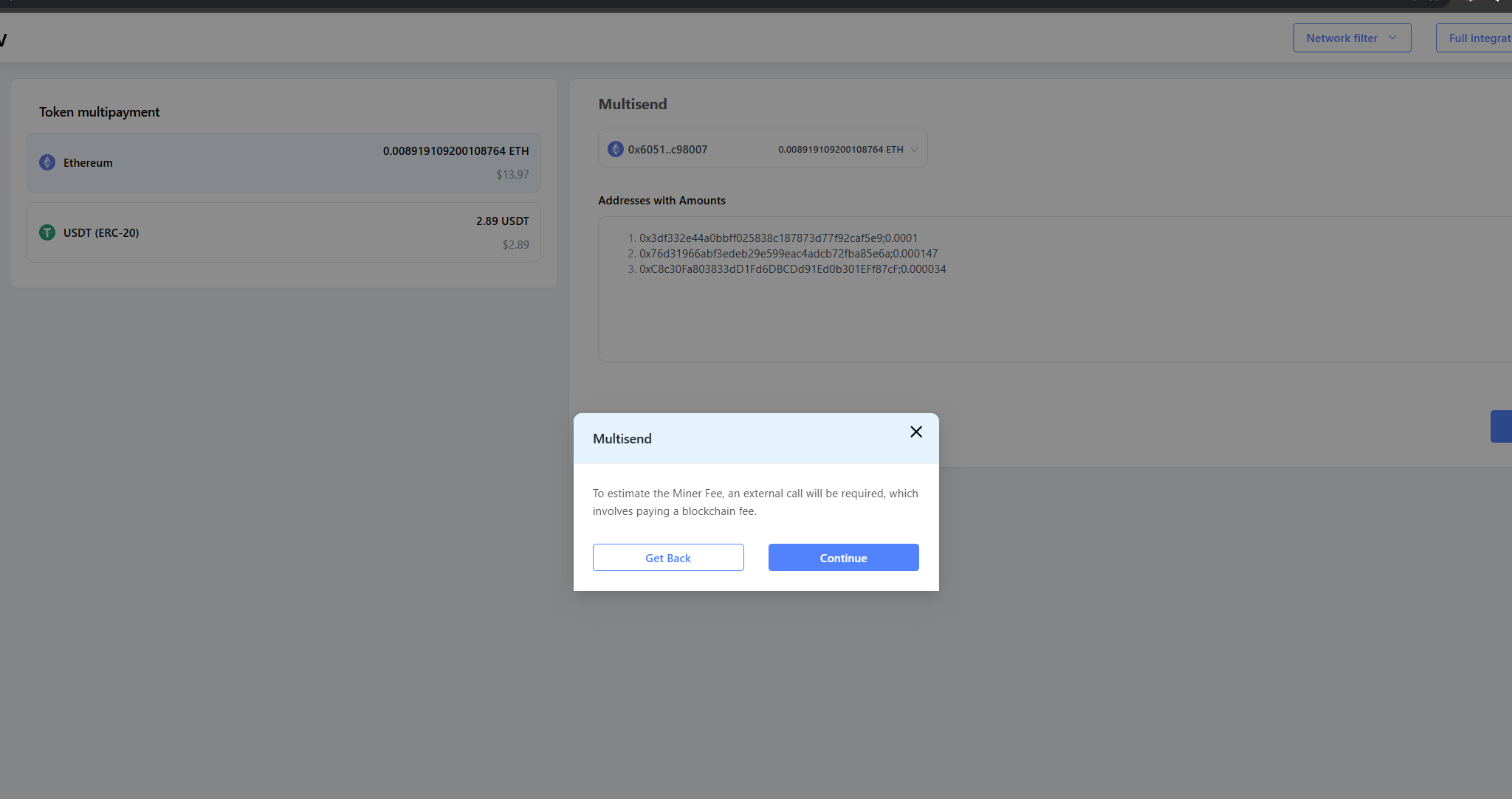 Modal explaining the miner fee estimate requires an external call