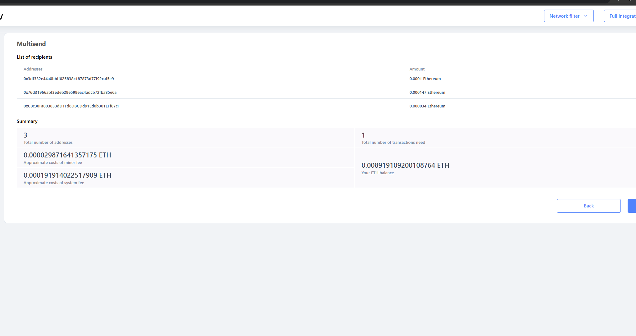 Multisend review showing recipients, totals, miner fee and system fee