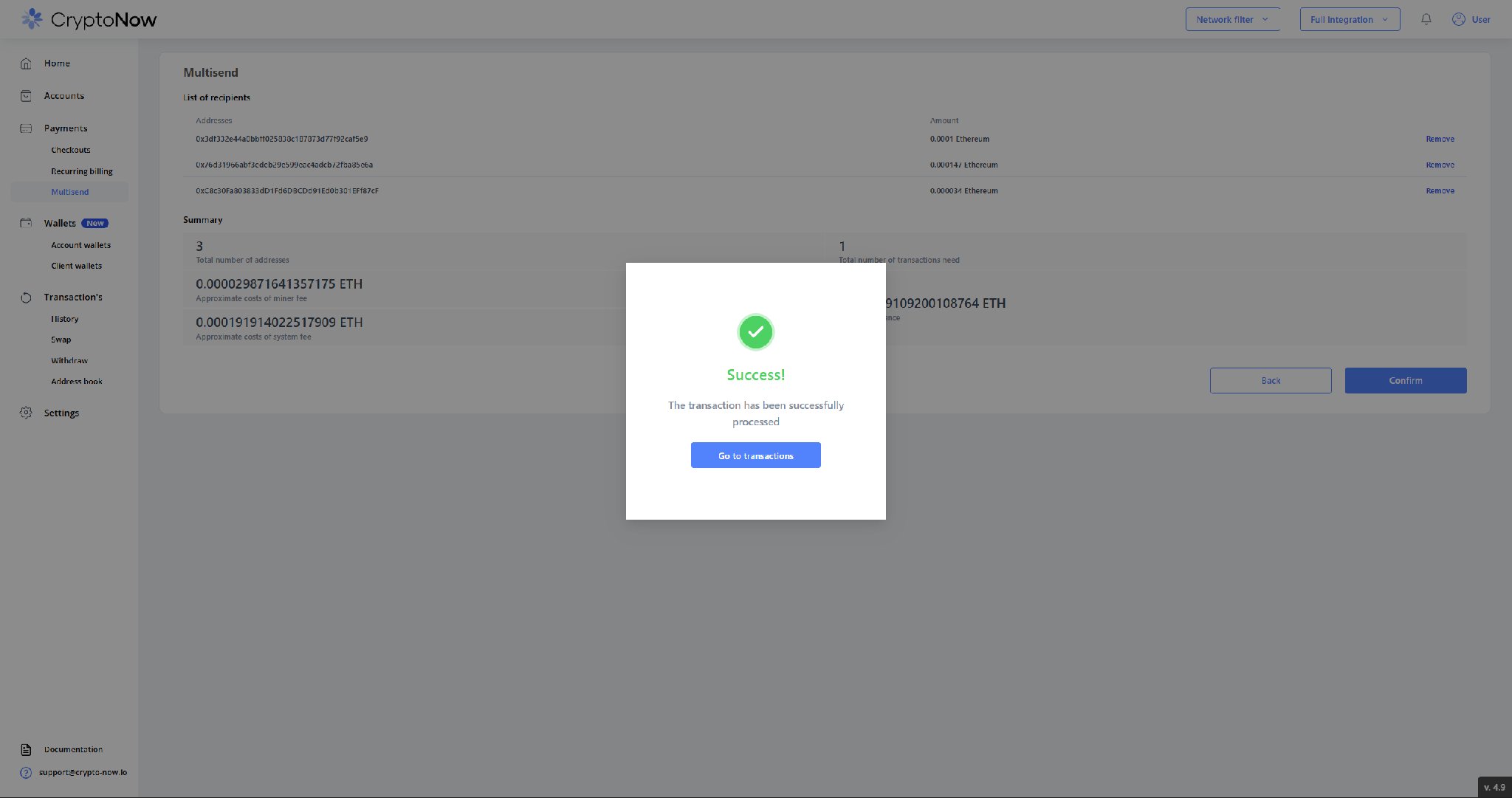 Success confirmation for the multisend