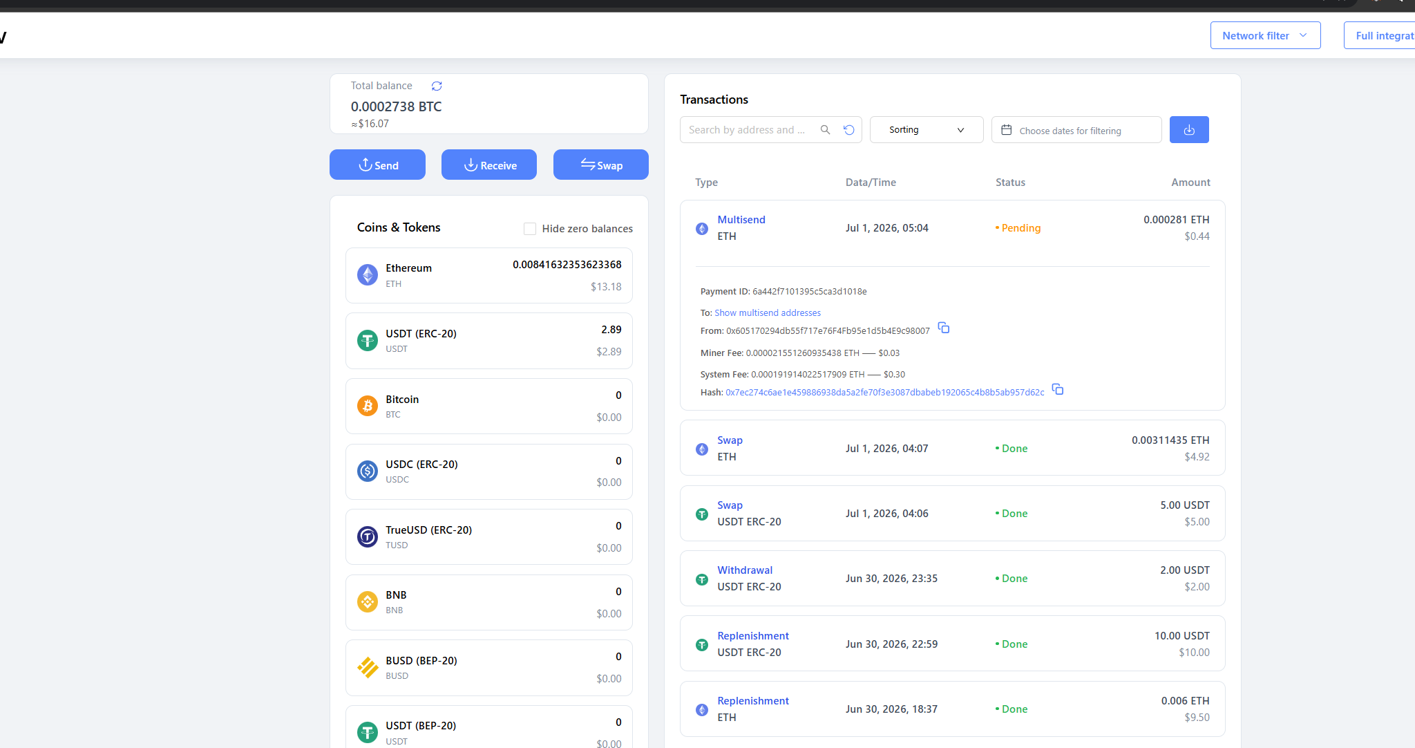 Transactions list showing the multisend with miner fee, system fee and hash