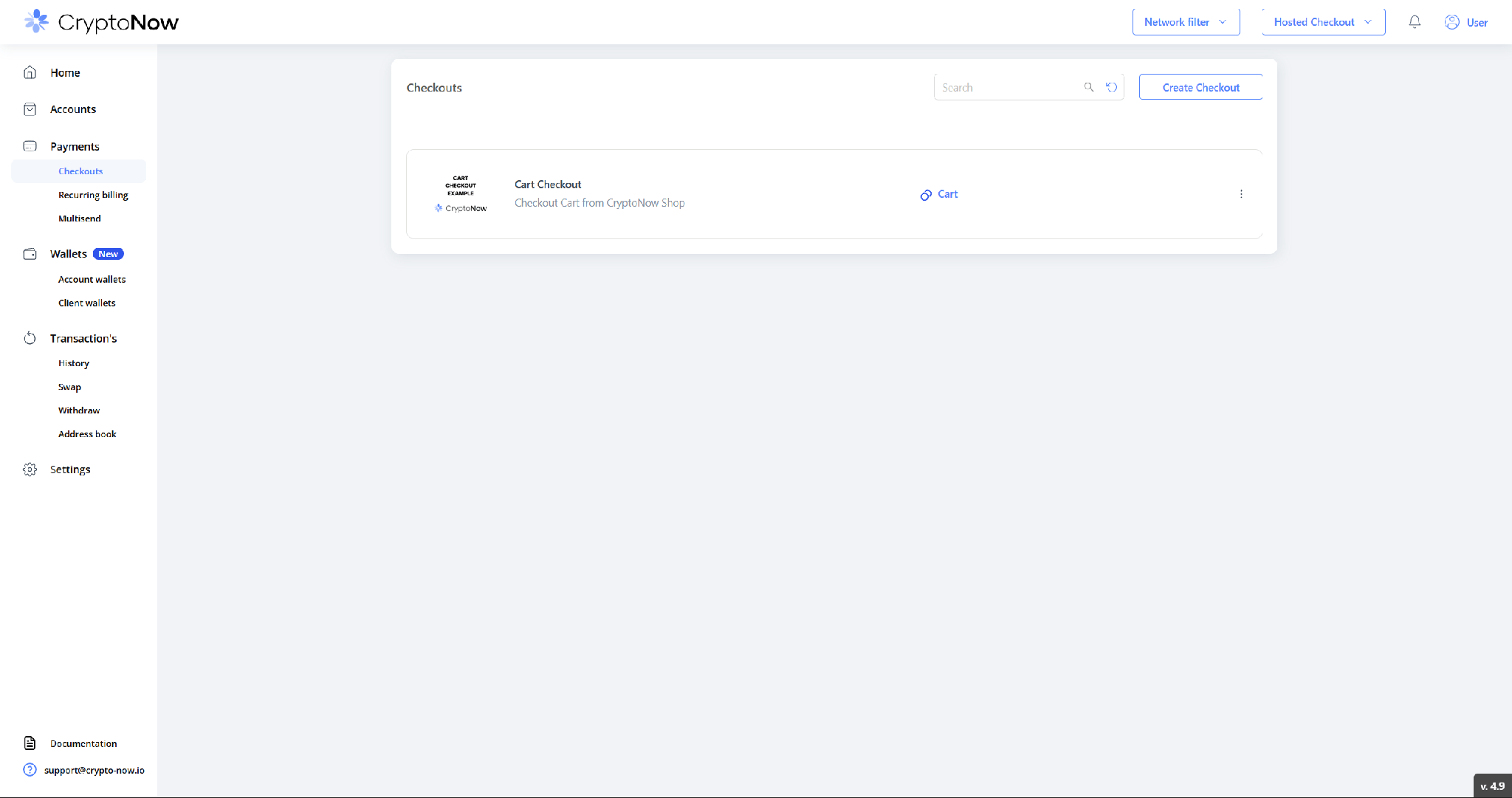 CryptoNow Checkouts page with the Create Checkout button